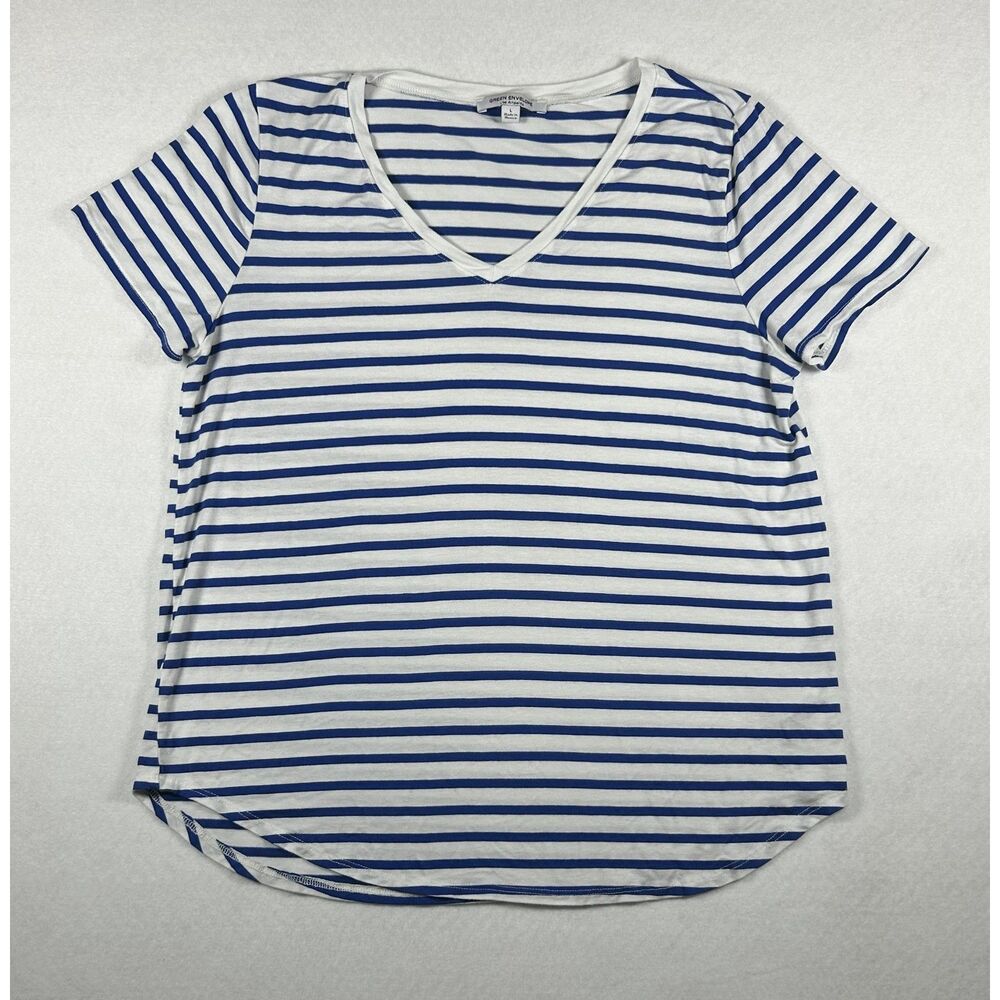 Green Envelope Los Angeles Women's Striped V-Neck T-Shirt, Blue/White, Size L